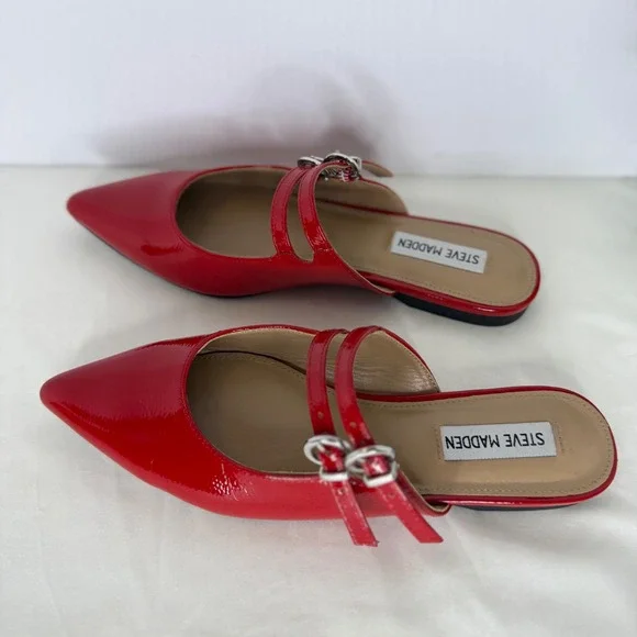 Steve Madden Elizaa Red Patent Mary Jane Pointed Toe Mules Flat Shoes 7.5M - Picture 4 of 8